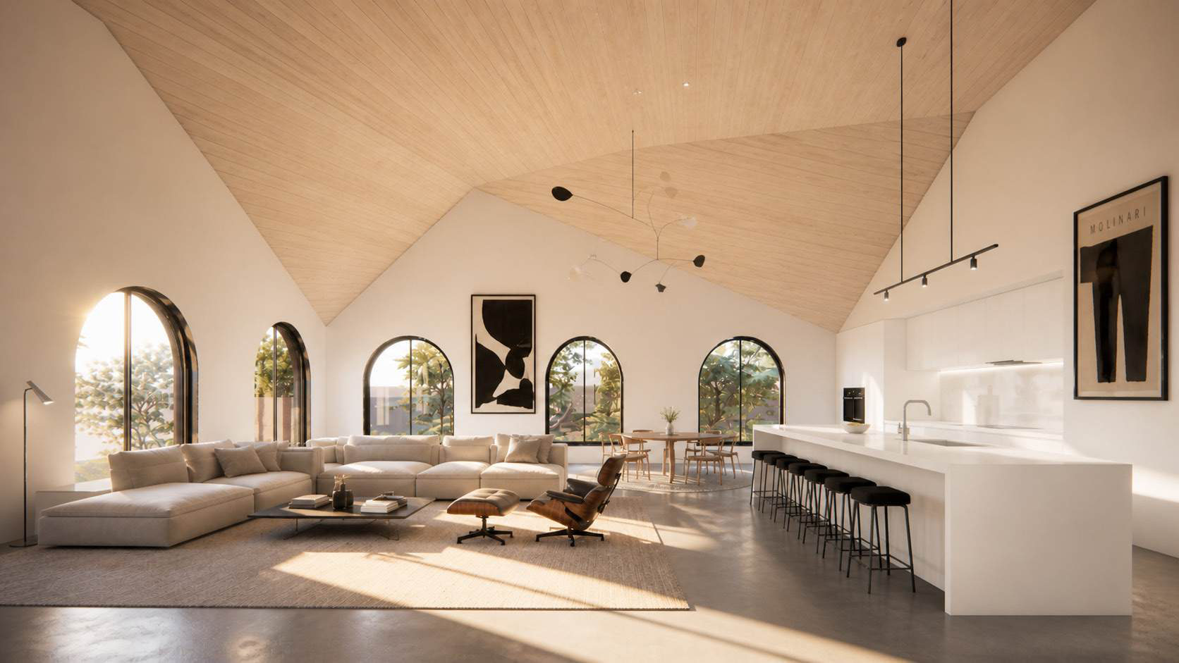 Bright interior under a cathedral ceiling, arched windows
