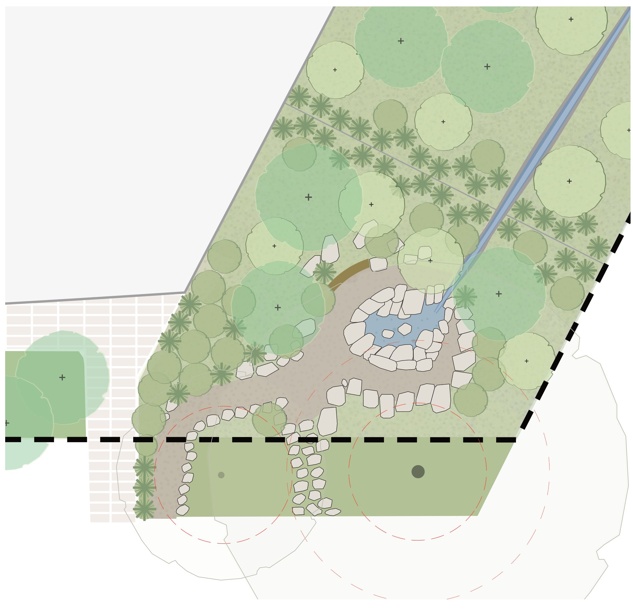 Plan du parc de ressourcement : le ruisseau descend en diagonale jusqu’à un bassin entouré de pierres, avec un banc, un sentier de paillis, des pas japonais et des arbres existants protégés