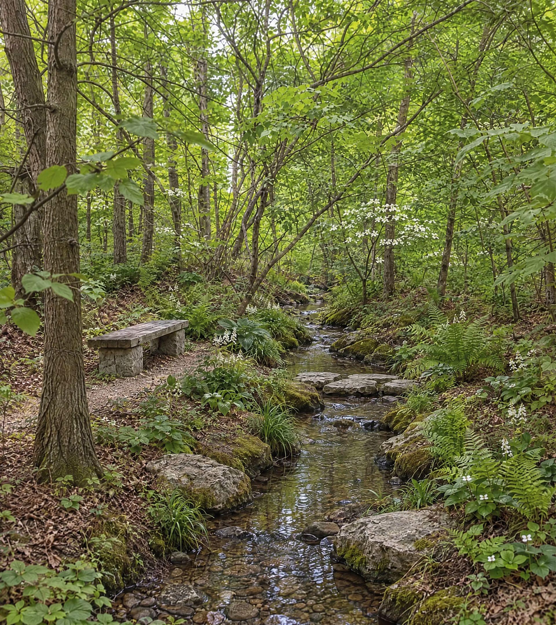The same view tomorrow: a renaturalized creek among stones and ferns, with a path and a wooden bench