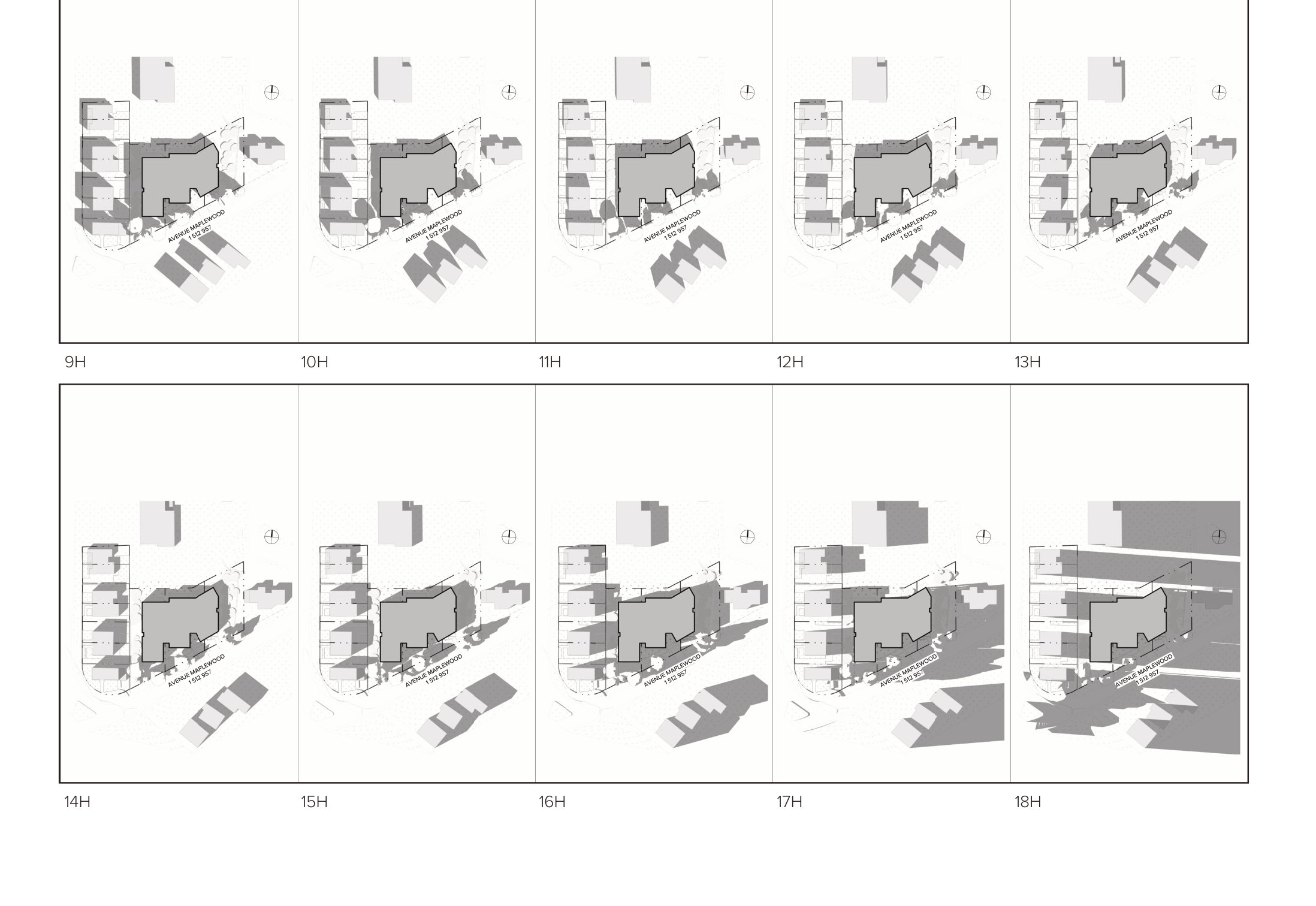 Sunlight study at the equinox, shadows hour by hour